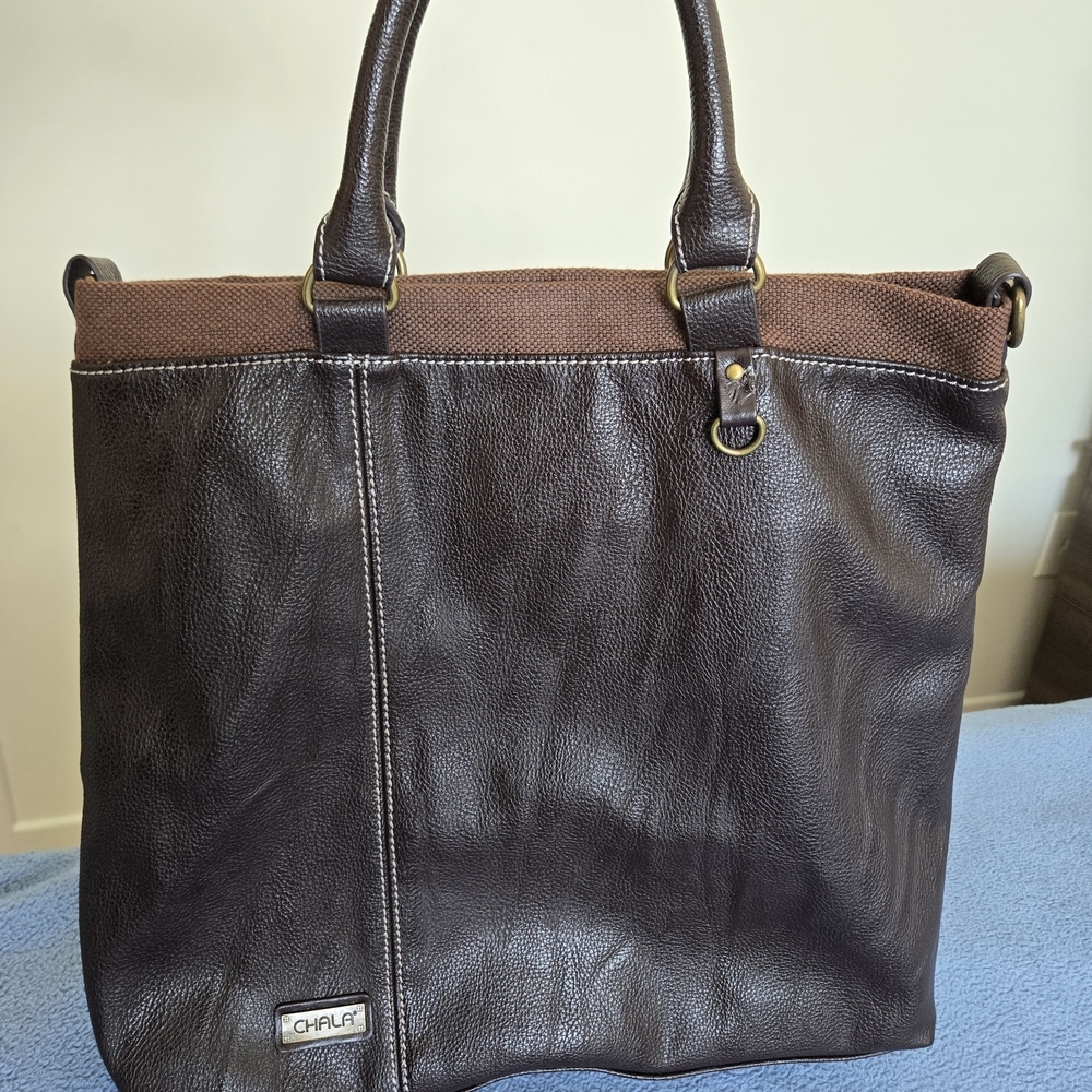 Chala Brown Faux Leather Work Tote Handbag Canvas Trim Shoulder Bag Purse‎